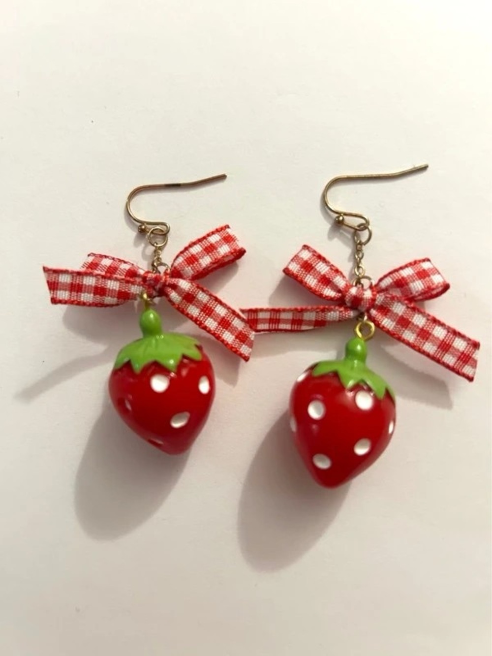 Cute Red Strawberry Charm Earrings with Gingham Bow - Kids Accessories